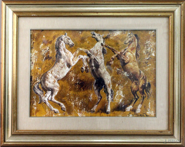 Cavalli, tecnica mista su tavola, cm. 35x51, firmato, entro cornice.