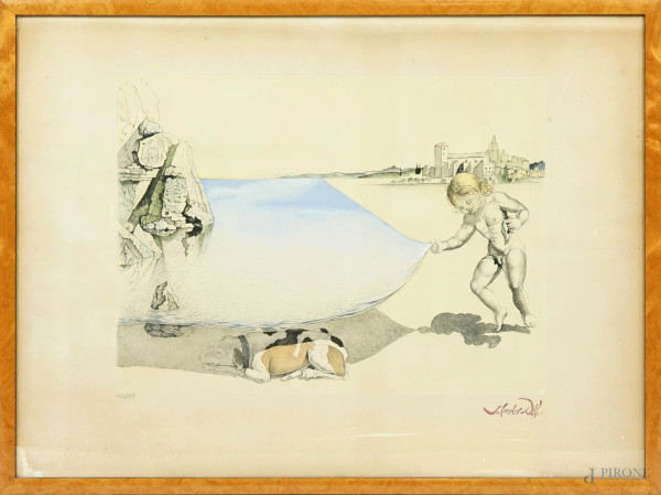 Salvador Dalì (1904-1989), Moi-meme à l'age de six ans, soulevant avec une extreme précaution la peau de la mer pour observer un chien dormant à l'ombre de l'eau, ed. 149/295, 1988, acquaforte, cm 58x80, entro cornice