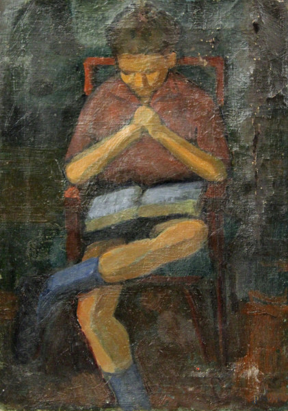 Fanciullo seduto che legge, olio su tela, 35x25 cm