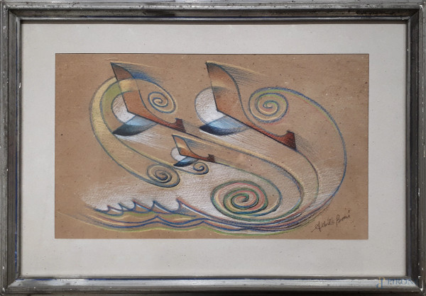 Achille Boni (XX sec.) Aeropittura, tecnica mista su cartone, cm 25x41, firmato, con cornice