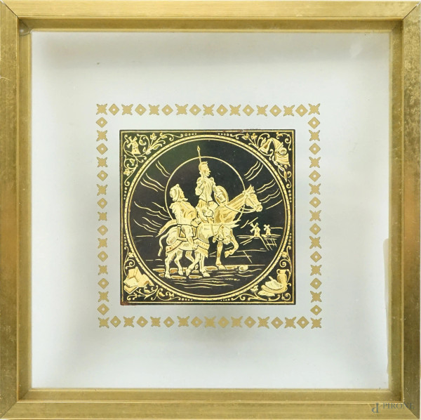 Don Chisciotte & Sancho Panza, placca in metallo con decoro dorato, cm 7x7, entro cornice.