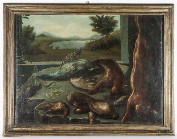 Natura morta con selvaggina, XVIII secolo, olio su tela, cm 94,5x124,5, entro cornice, (lievi segni di usura, abrasioni, piccole cadute di colore)