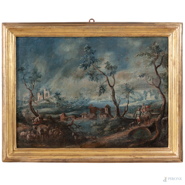 Coppia di dipinti raffiguranti scene campestri con cavalieri, XVIII secolo, olio su tela, cm 51x6...