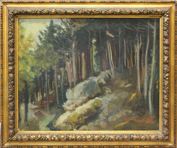 Scorcio di bosco, olio su tela 36x44 entro cornice, firmato A.Barbaro Tagliacozzo 1928.