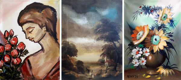 Lotto di tre dipinti raffiguranti Figura femminile con mazzo di fiori, Paesaggio con alberi, Vaso con fiori, olio su tela, ciascuno cm 40x30