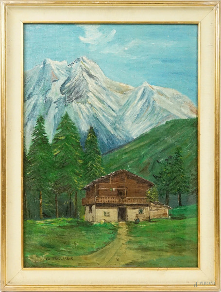 Paesaggio montano con casolare e figura, olio su tela, cm 53x38, firmato, entro cornice.