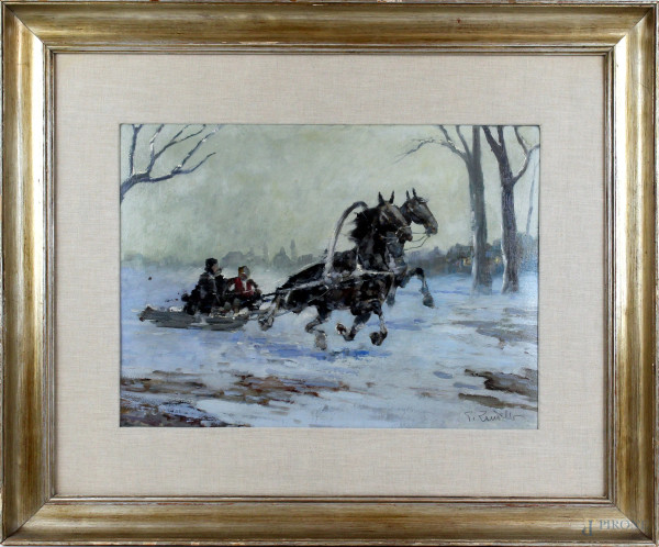 Paesaggio invernale con slitta, olio su cartone, cm 37x50, firmato, entro cornice
