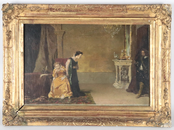 Interno con scena in costume, XIX secolo, olio su tela, cm 28x41,5, entro cornice, (segni di usura, abrasioni)