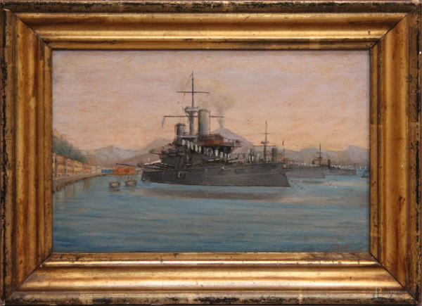 Porto con nave da guerra, olio su tavola, 18x28 cm, entro cornice siglato.