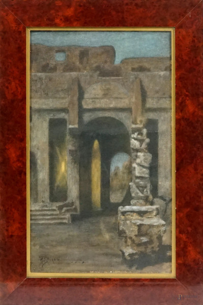 Capriccio architettonico, olio su cartone, cm 53,5 x 31,5, firmato M D Byrne, entro cornice