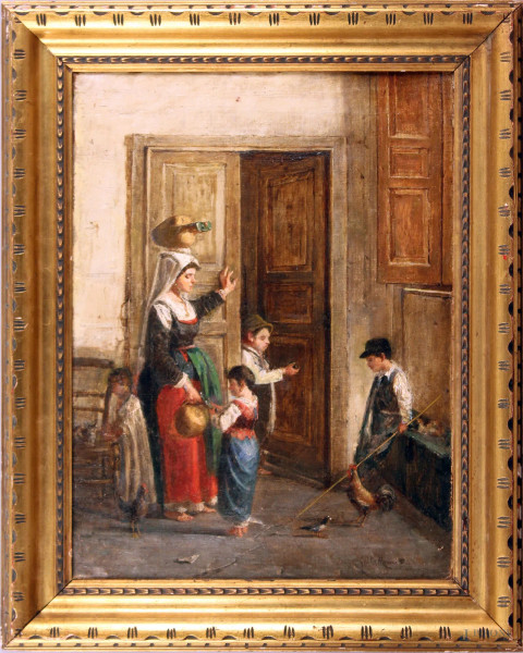 Esterno con donna e bambini, olio su tela, cm. 60x44, firmato G. Della Monica, entro cornice.