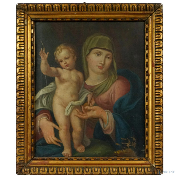 Pittore del XIX secolo, Madonna col Bambino, olio su tela, cm  40x32,5, entro cornice, (difetti).