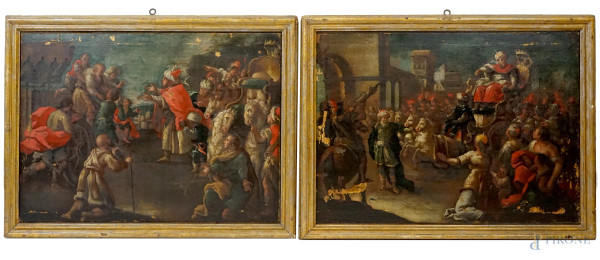 Pittore del XVIII secolo, Coppia di dipinti ad olio su tela raffiguranti Alessandro e Diogene e l'Entrata trionfale di Alessandro il Grande a Babilonia, cm 45x103, entro cornici, (difetti, restauri e cadute di colore)