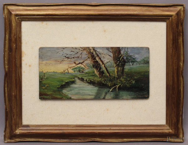 Paesaggio fluviale, olio su tavola, cm 15  x 29, entro cornice.