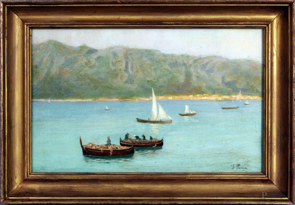 Marina con imbarcazioni, olio su tela riportata su cartone, cm. 24x36, firmato entro cornice.