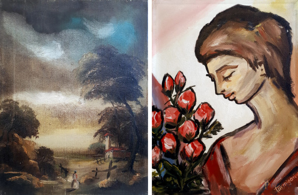 Lotto composto da 5 dipinti ad olio su tela, cm 50x40 (1), 50x35 (2), 40x30 (2)