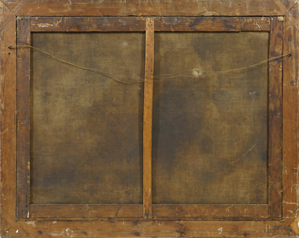 Pittore fiammingo del XVIII secolo, Paesaggio di campagna con figure, villa e sfondo di marina, o...