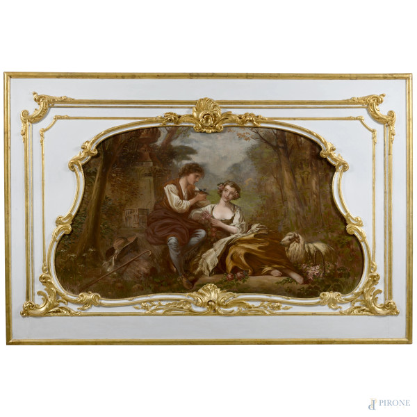 Scena galante, XIX-XX secolo, olio su tela sagomata, cm 86x150, entro cornice, cm 134x197