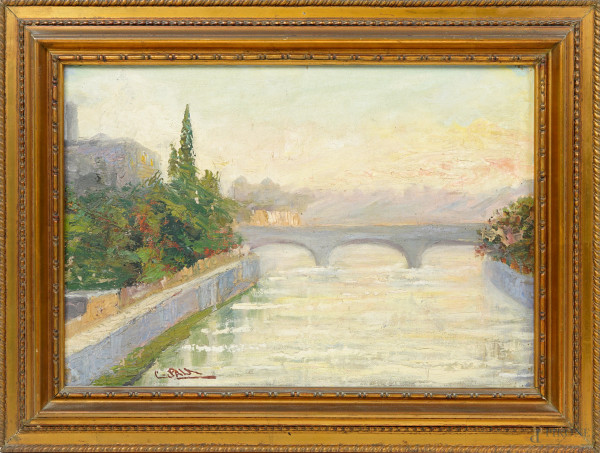 Paesaggio con ponte, tela su cartone, cm 26,5x38, firmato "C. sala in basso a sinistra", entro cornice