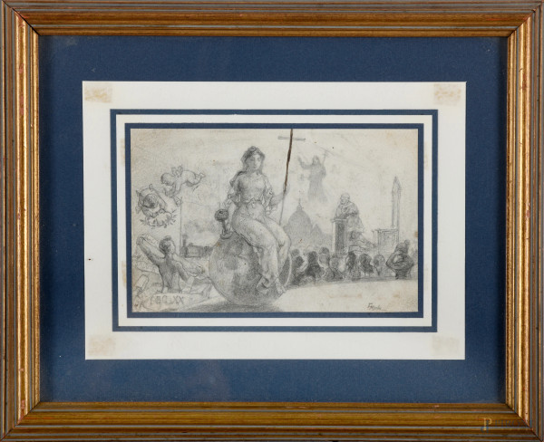 Allegoria, grafite su carta, cm 13x20, entro passepartout e cornice, firmato in basso a destra "Fmola"