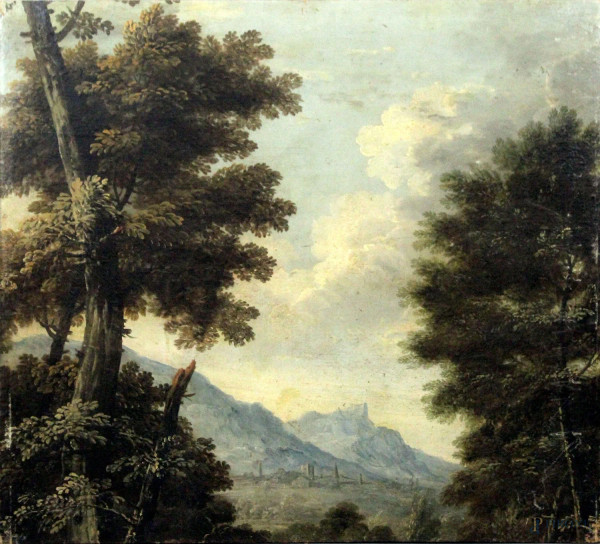 Pittore del XVII secolo, Paesaggio, olio su tela, cm 83x5x90,5, (difetti)