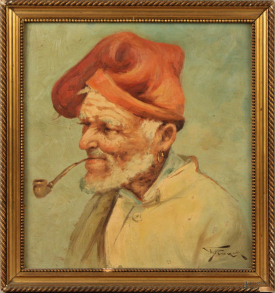 Anziano con  pipa, olio su cartone, 32x30 cm, firmato, entro cornice.