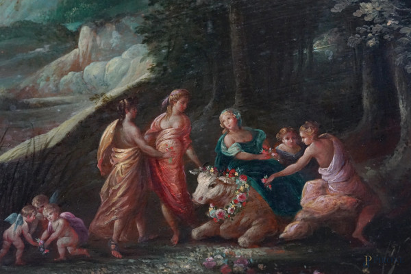 Pittore del XIX secolo, Ratto di Europa, olio su rame, cm 30x40, entro cornice