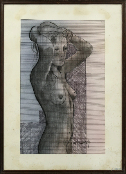 Nudo di donna, disegno a tecnica mista su carta, firmato, cm 44 x 28, entro cornice.