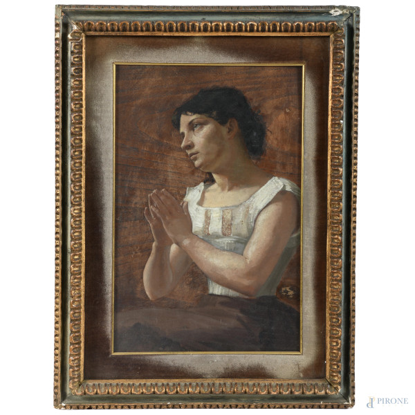 Fanciulla in preghiera, XX secolo, olio su tavola, cm 38x24, entro cornice, (segni di usura)