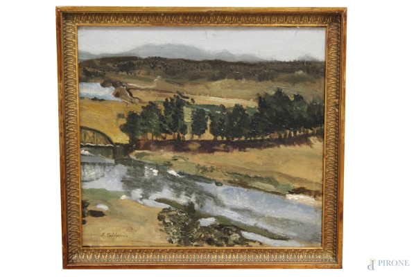 Scorcio di fiume con alberi, olio su tela, 37x40cm, entro cornice firmato L.Calderini