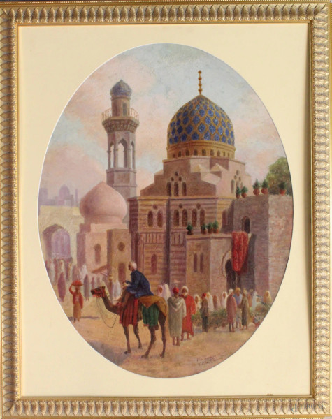 Paesaggio arabo, olio su cartone 74x58 cm, firmato entro cornice.