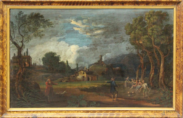 Paesaggio con case e figure, olio su tela, Scuola francese, XVIII sec., cm 105 x 66.