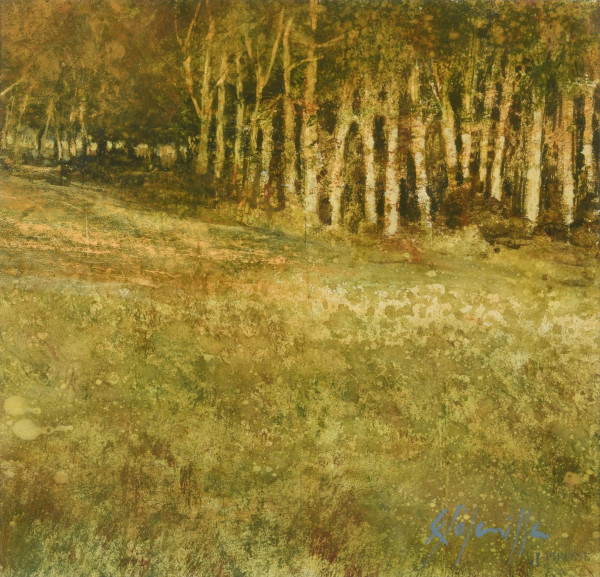 Enric Solanilla (1963), L’eco del bosco dorato, tecnica mista su carta, cm 19x19, con passepartout cm 29x30, firmato in basso a destra, entro cornice