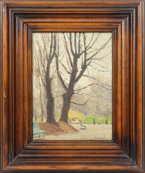 Il parco, olio su cartone, firmato e datato in basso a destra N. Pollastrini 1963, cm 24x18, entro cornice