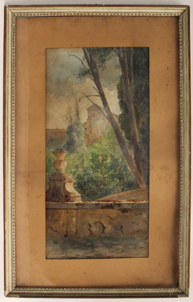 Scorcio di parco, acquarello su carta, cm. 40x20, scuola romana del XIX sec, entro cornice.