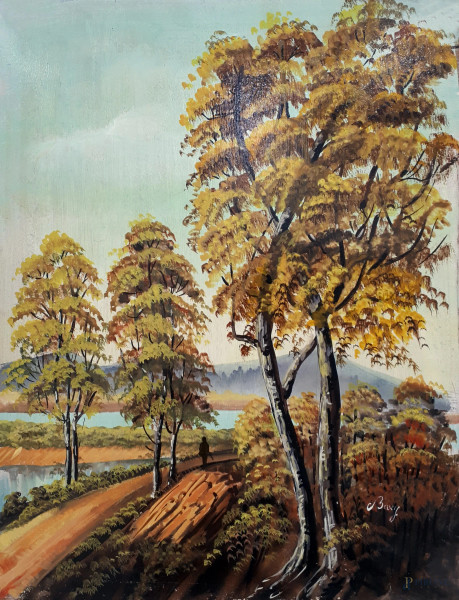 Paesaggio con alberi, olio su faesite, cm. 46x36, firmato.