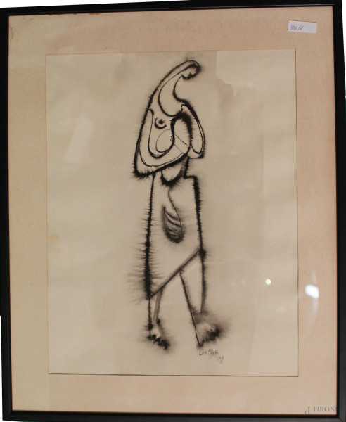 Luigi Marras, maternità, tecnica mista su carta, 42x33 cm, entro cornice datato 1969