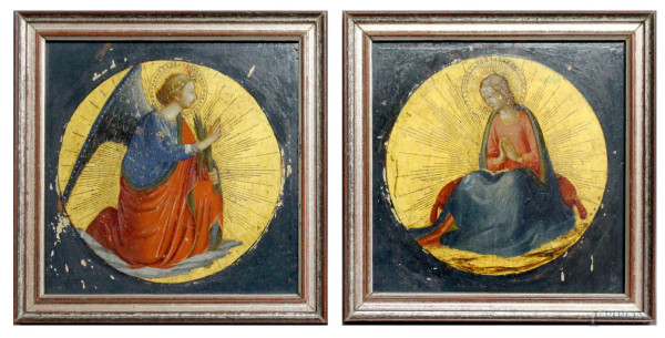 Lotto composto da due oli su tavola raffiguranti S.Anna e l&#39;Arcangelo Gabriele, firmati e datati sul retro, cm 13,5 x 13,5, entro cornici.