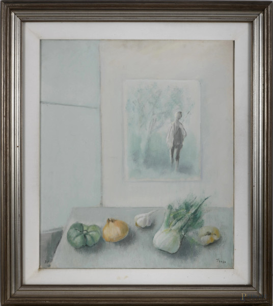Fernando Troso (Lecce, 1910 – Roma, 1990), Natura morta con finestra, olio su tela, cm 70x60 entro cornice, firmato in basso a destra, (difetti)