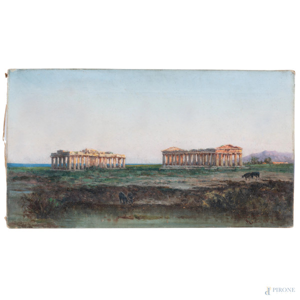 Veduta di Paestum , XIX-XX secolo, olio su tela, cm 22x40,5, firmato e datato in basso a destra, (lieve sollevamento di colore, segni di battitura del telaio)