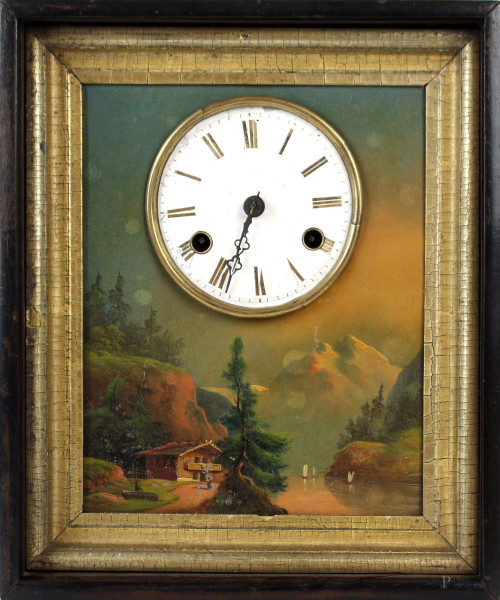 Orologio da parete, XIX secolo, cassa in legno, fronte in metallo dipinto con paesaggio montano, quadrante circolare a numeri romani, cm 34.5x29x11.5, (difetti, meccanismo da revisionare)