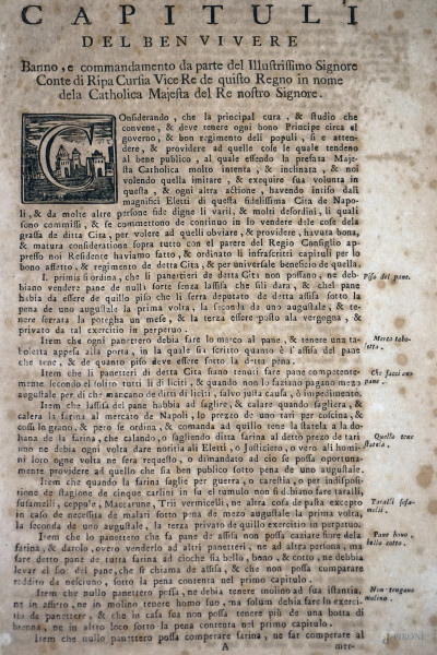 Capituli del ben vivere. Bando, e commandamento da parte dell'illustrissimo signore Conte di Ripa vice re de quisto regno in nome dela Catholica Majesta del Re nostro signore, 1718