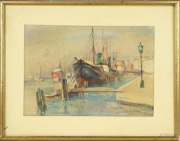 Paolo Sala - Porto con imbarcazioni, acquarello su carta, cm 24x35, entro cornice.
