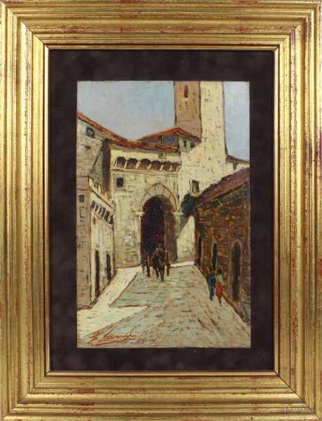 Giovanni  Lomi - Scorcio di paese con carretto e figure, olio su masonite, cm. 32x20,5, entro cornice.