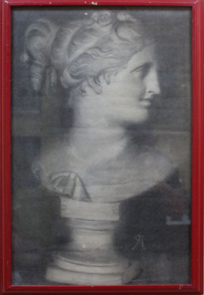 Busto raffigurante fanciulla romana,  disegno a matita grassa 39x63 cm, entro cornice firmato, XIX sec.