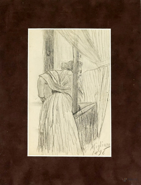 Donna al balcone, carboncino su carta, cm 21x13, firmato Migliaro