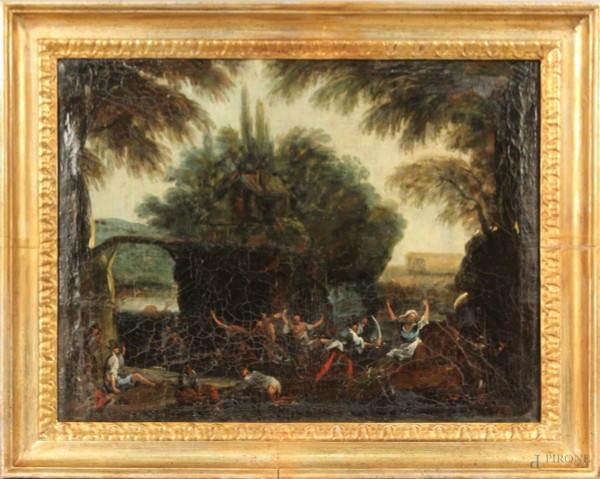 Pittore fiammingo del XVIII secolo, paesaggio con scena di genere, olio su tela, cm. 49x62,5, entro cornice.