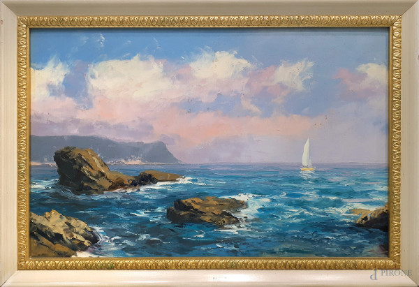 Artista dei primi del Novecento Scorcio marino con scogli e imbarcazione, raffinato dipinto ad olio su tavola, cm 30x50, con cornice