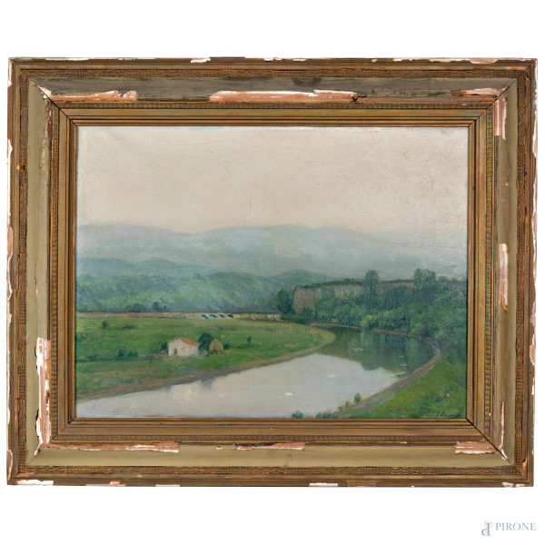 Ansa del fiume, XX secolo, olio su tela, cm 43x57, firmato in basso a destra, entro cornice, (lieve craquelure)