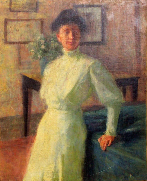 Ritratto di donna, olio su tela, cm. 78x62, entro cornice.